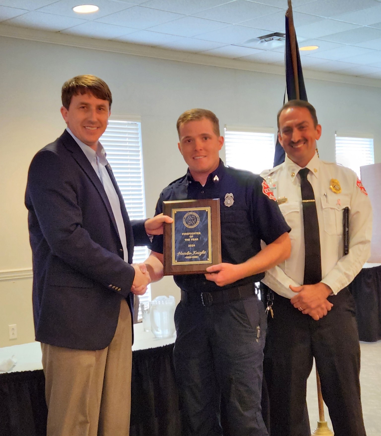 Crime and Fire Prevention Co-Chair Matthew Bradshaw, Fire Corporal Harden Knight, and Chief Matthew